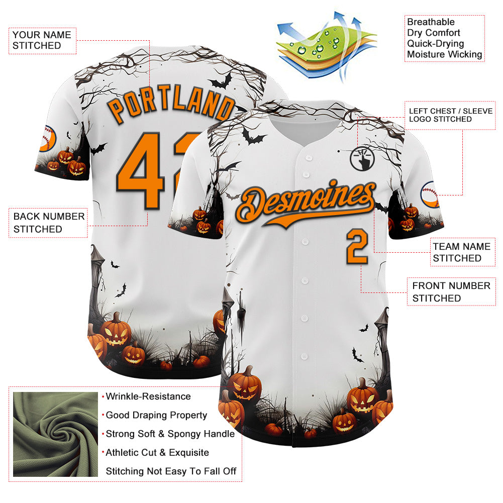 Custom White Bay Orange-Black 3D Halloween Spooky Pumpkin Authentic Baseball Jersey