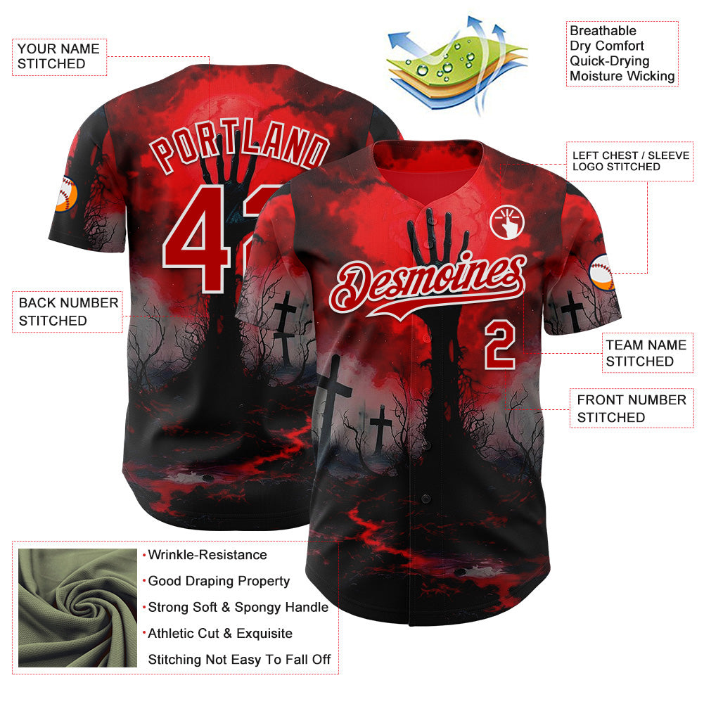 Custom Red Black-White 3D Halloween Spooky Horror Zombies Authentic Baseball Jersey