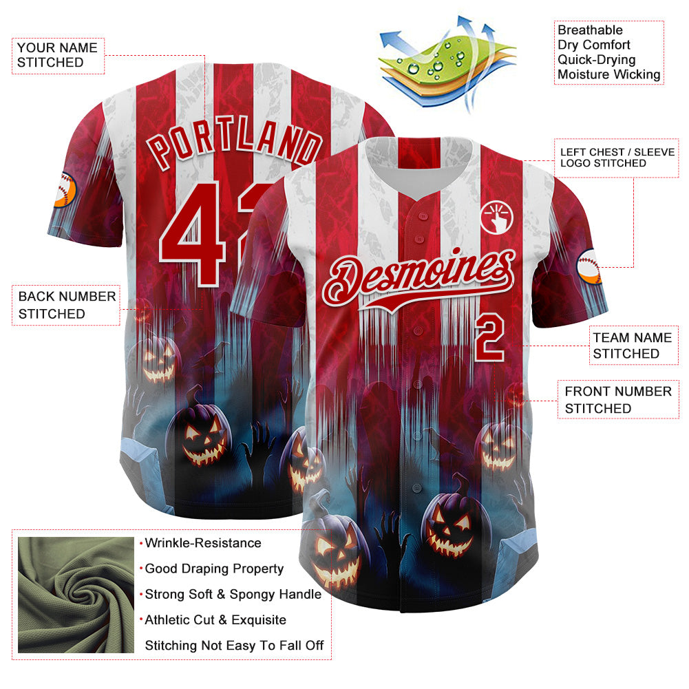Custom Red Blue-White 3D Halloween Spooky Pumpkin Stripe Authentic Baseball Jersey