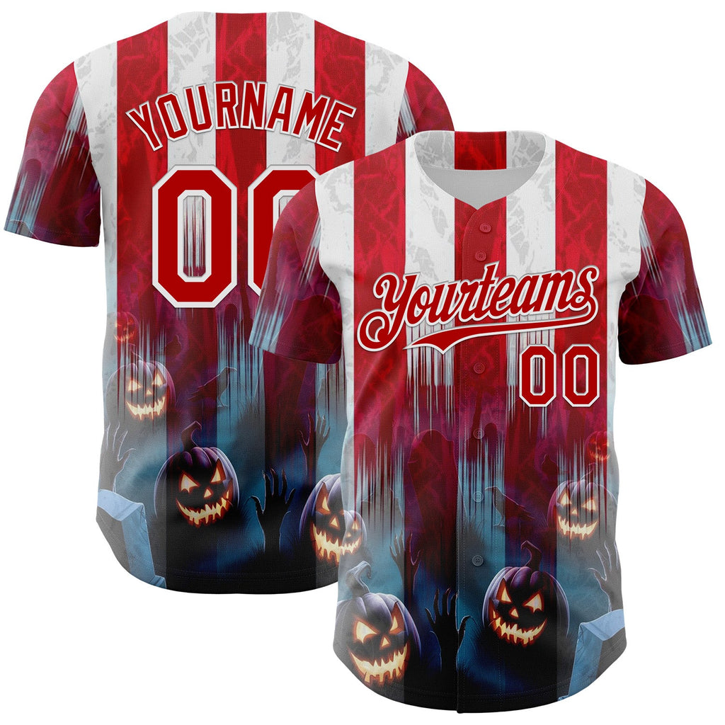 Custom Red Blue-White 3D Halloween Spooky Pumpkin Stripe Authentic Baseball Jersey