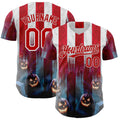 Custom Red Blue-White 3D Halloween Spooky Pumpkin Stripe Authentic Baseball Jersey