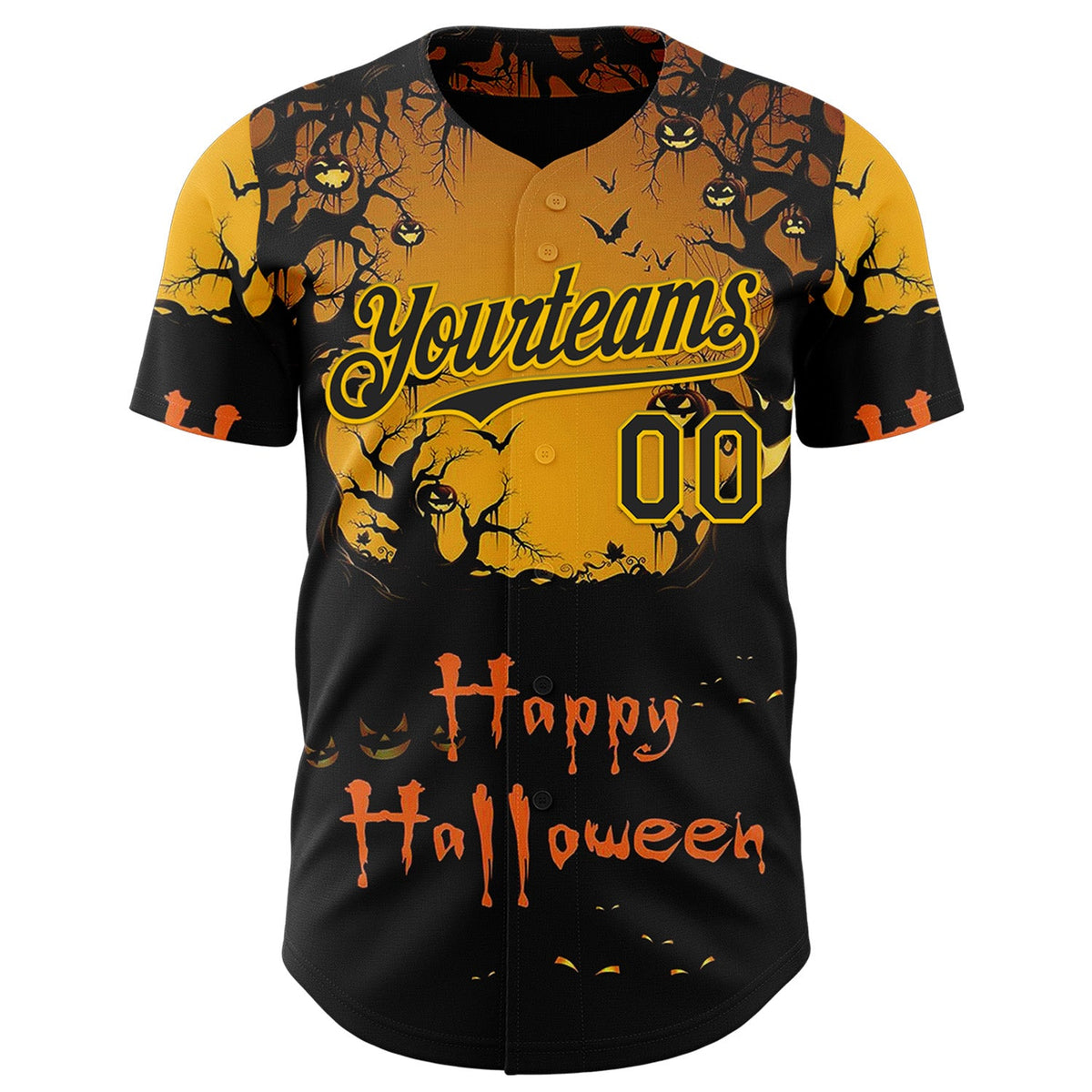 Custom Yellow Black 3D Halloween Spooky Pumpkin Authentic Baseball Jersey
