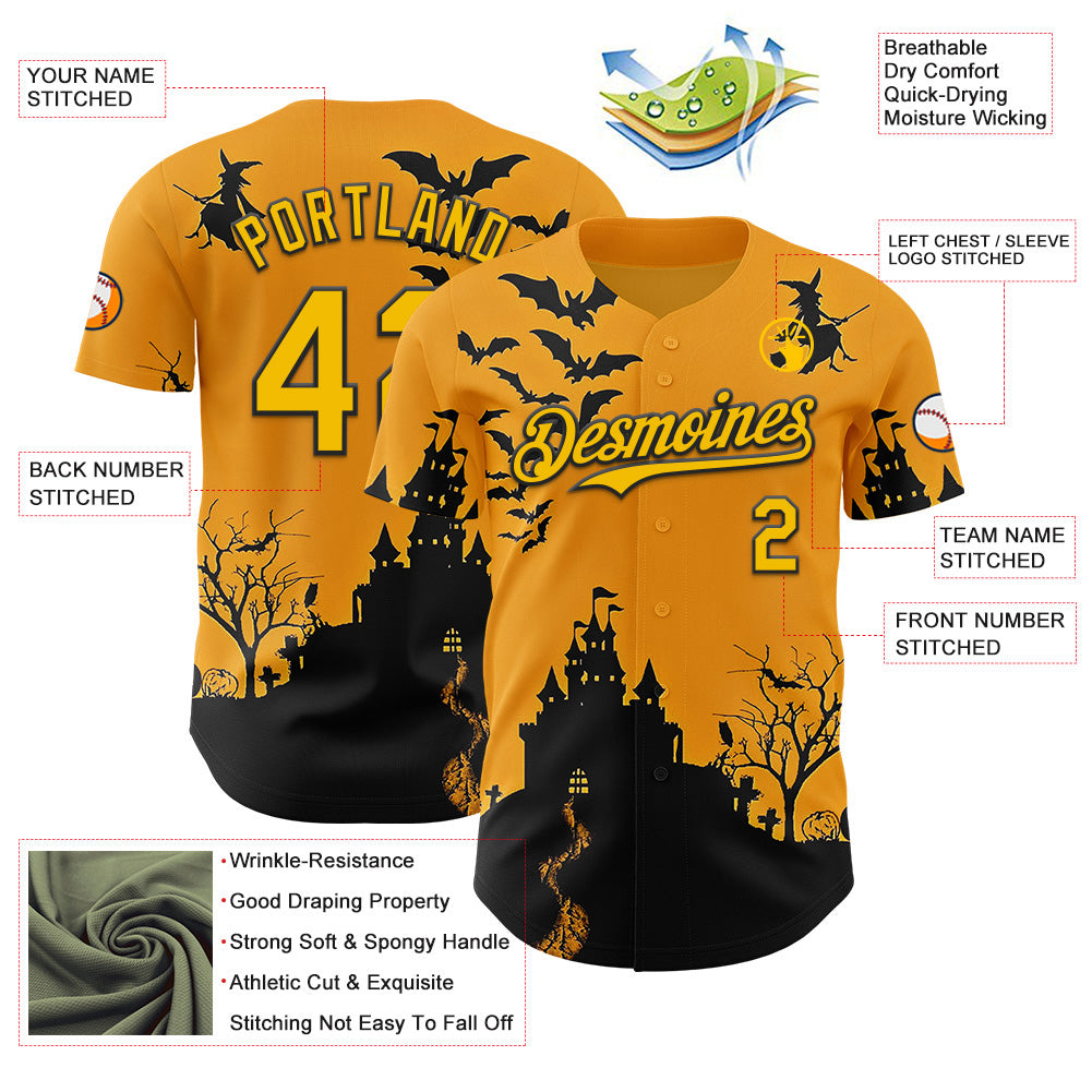 Custom Yellow Black 3D Halloween Spooky Pumpkin Bat Authentic Baseball Jersey