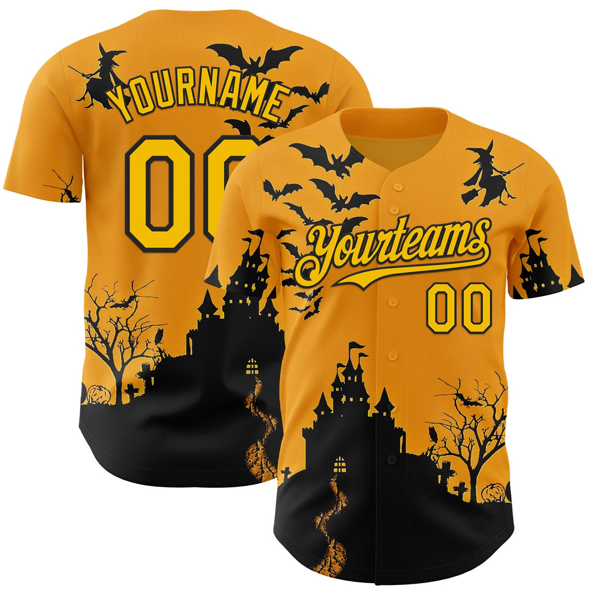 Custom Yellow Black 3D Halloween Spooky Pumpkin Bat Authentic Baseball Jersey