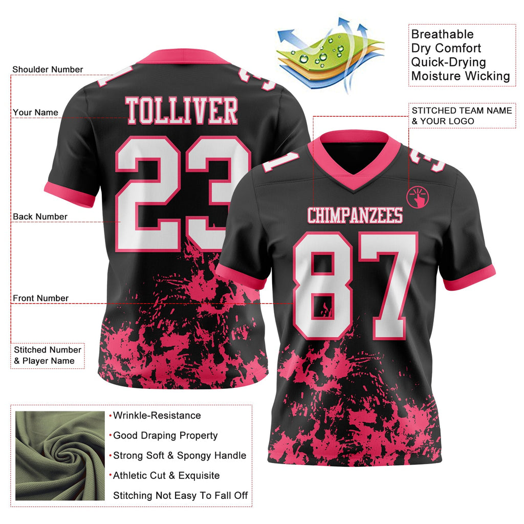 Custom Black White-Neon Pink 3D Pattern Splash Authentic Football Jersey