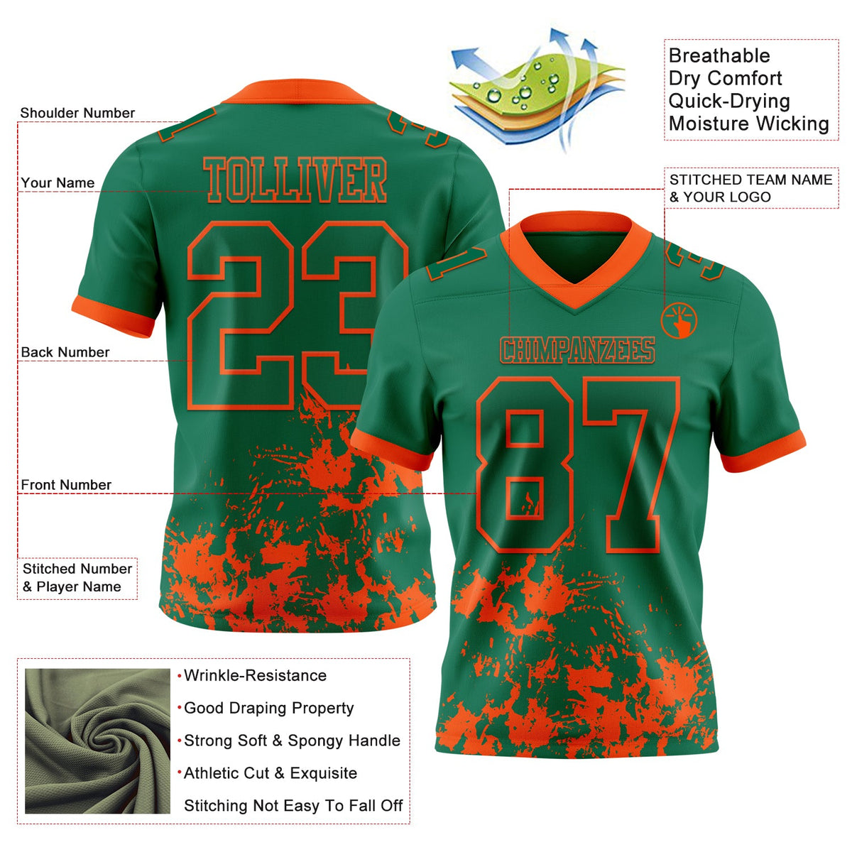 Custom Kelly Green Orange 3D Pattern Splash Authentic Football Jersey