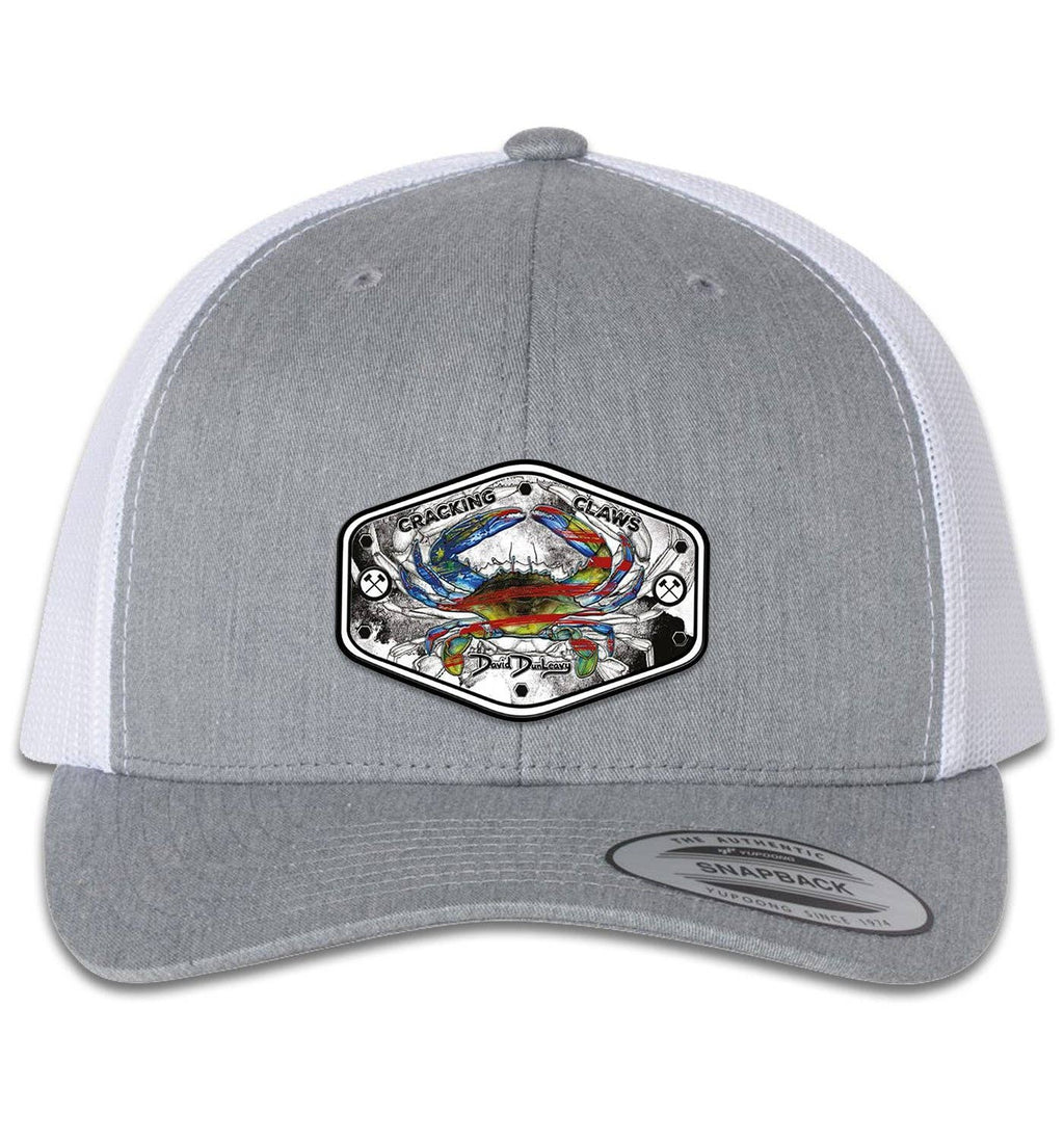 American Blue Crab 6 Panel Trucker Snap Back Heather Grey White Hat