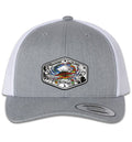 American Blue Crab 6 Panel Trucker Snap Back Heather Grey White Hat