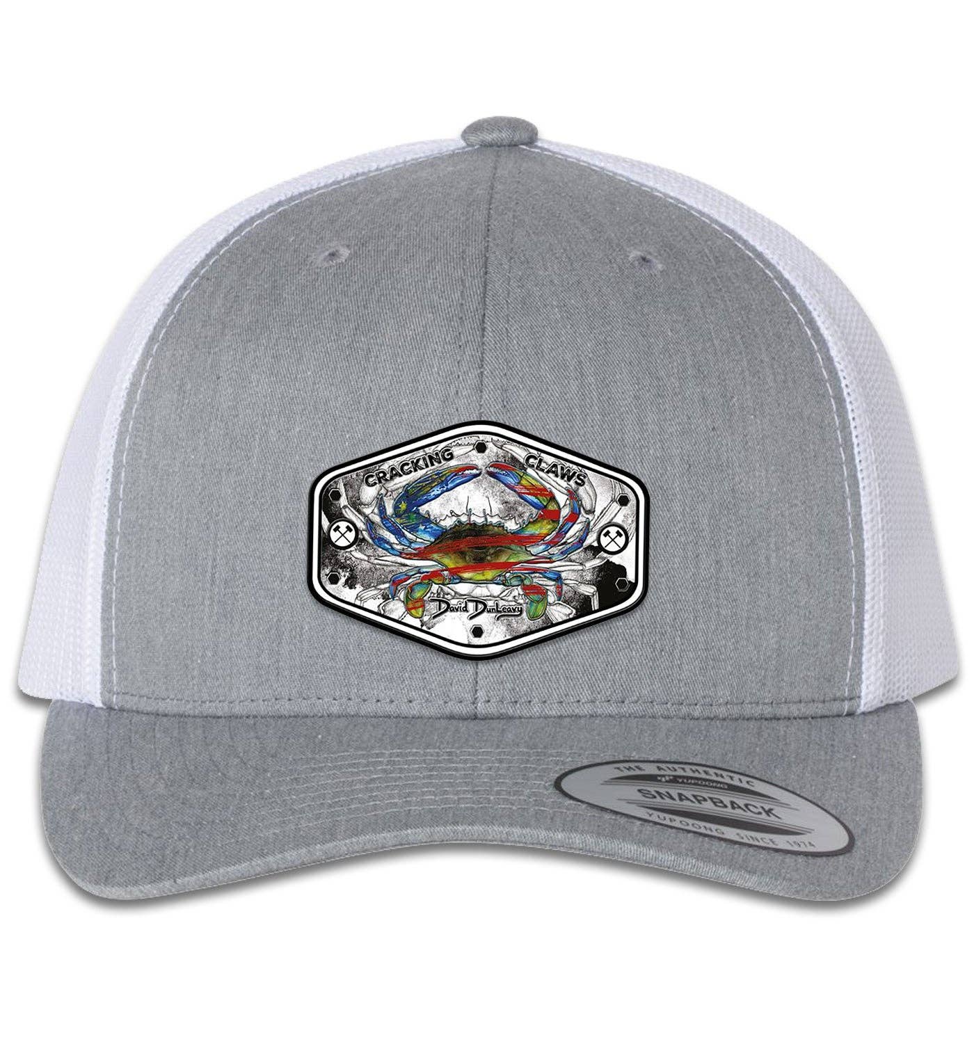 American Blue Crab 6 Panel Trucker Snap Back Heather Grey White Hat