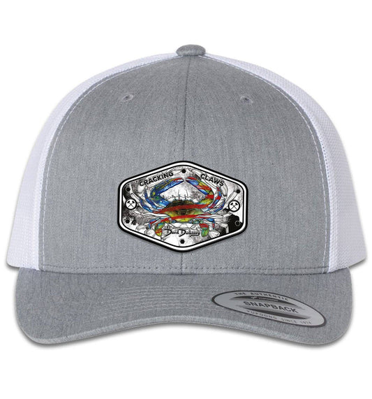 American Blue Crab 6 Panel Trucker Snap Back Heather Grey White Hat