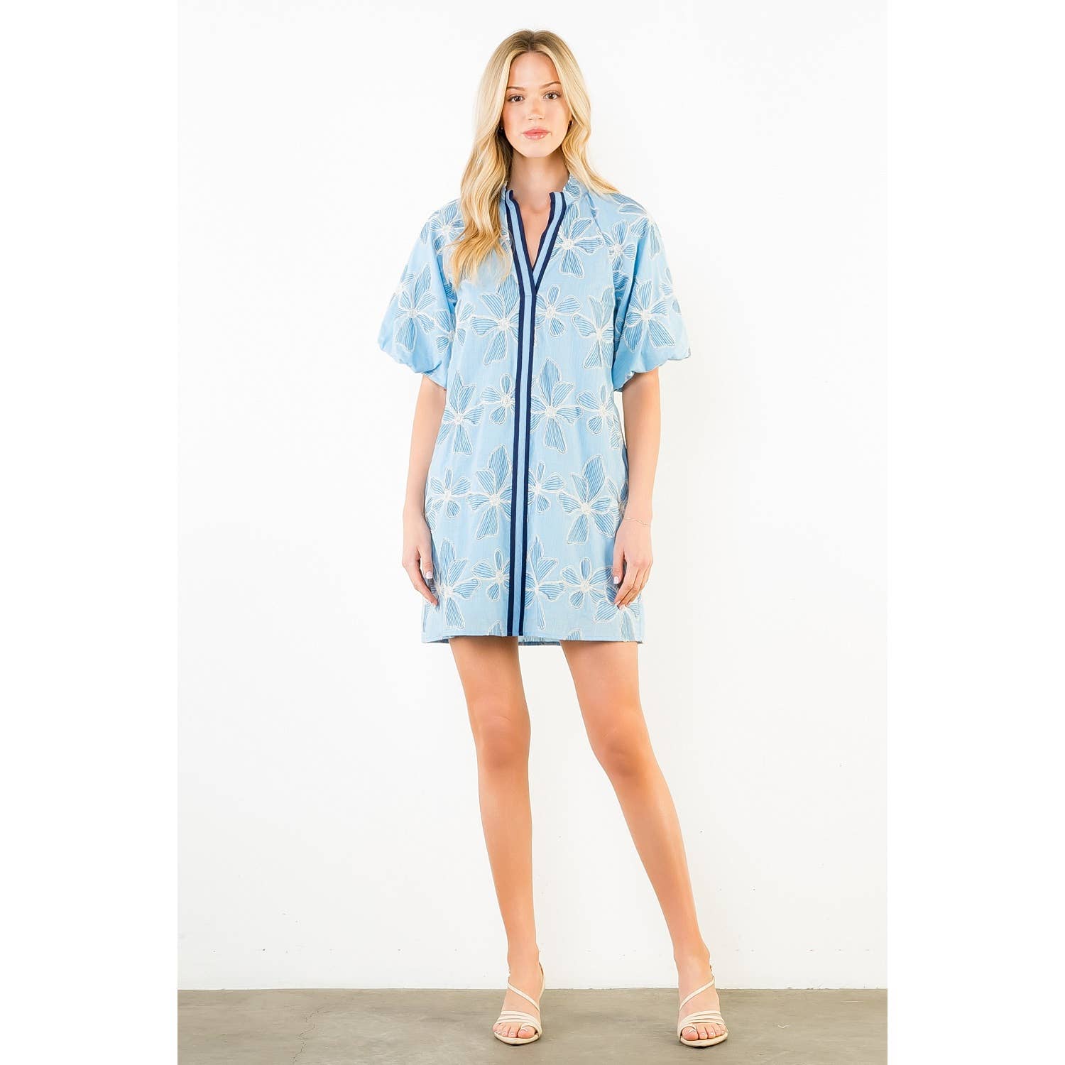 Puff Sleeve Emb Dress with Ruffled Collar
