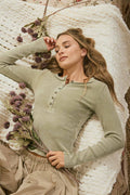 Washed Long Sleeve Ribbed Henley Knit Top