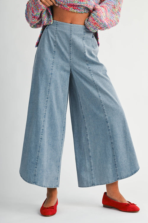 7222HK Denim Wash Wide Leg Midi Pants