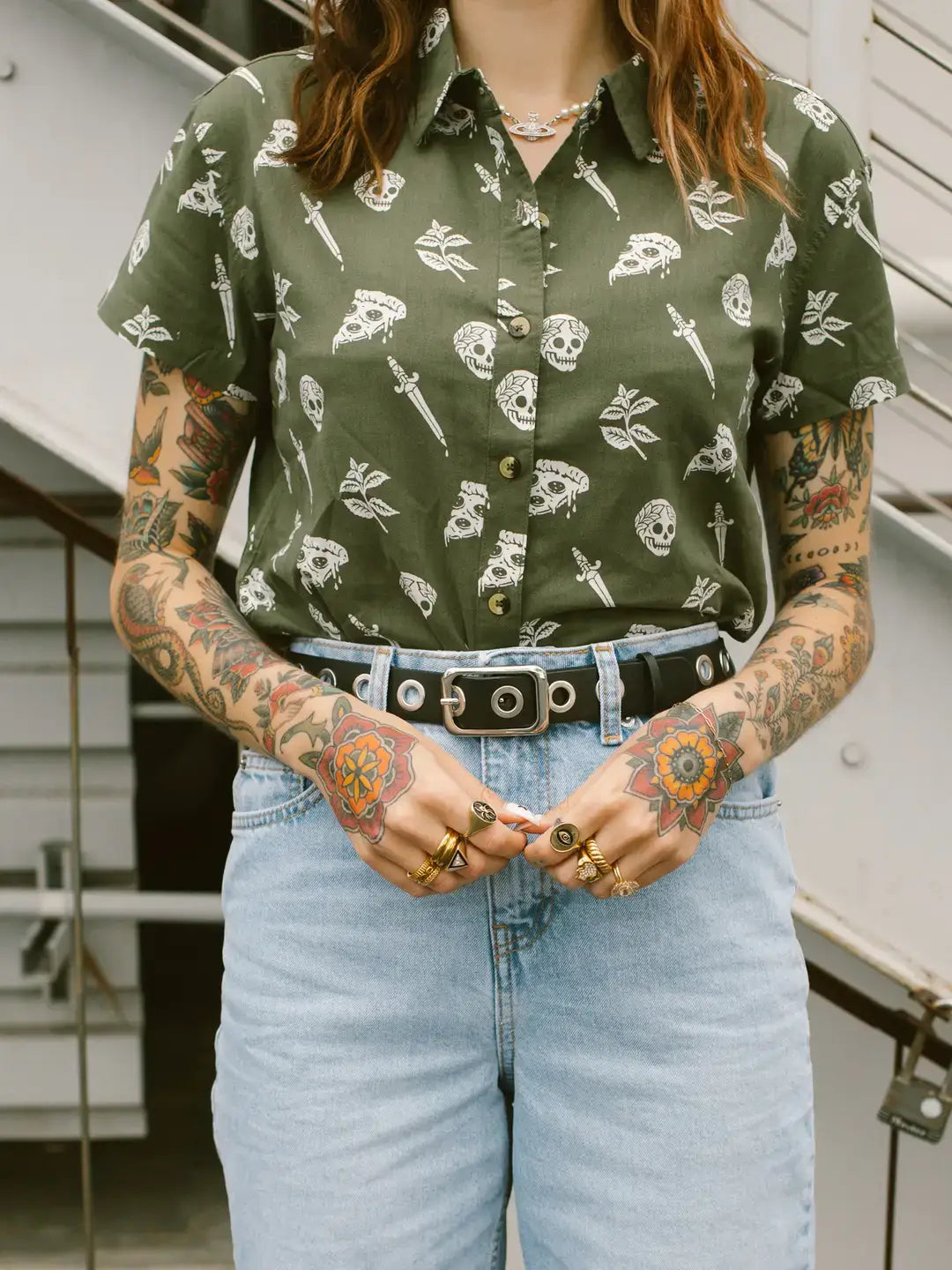 Pizza Slayer Tattoo Flash Casual Button Up Shirt Womens