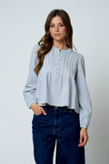 Plaid Pintuck Detail Henley Long Sleeve Top