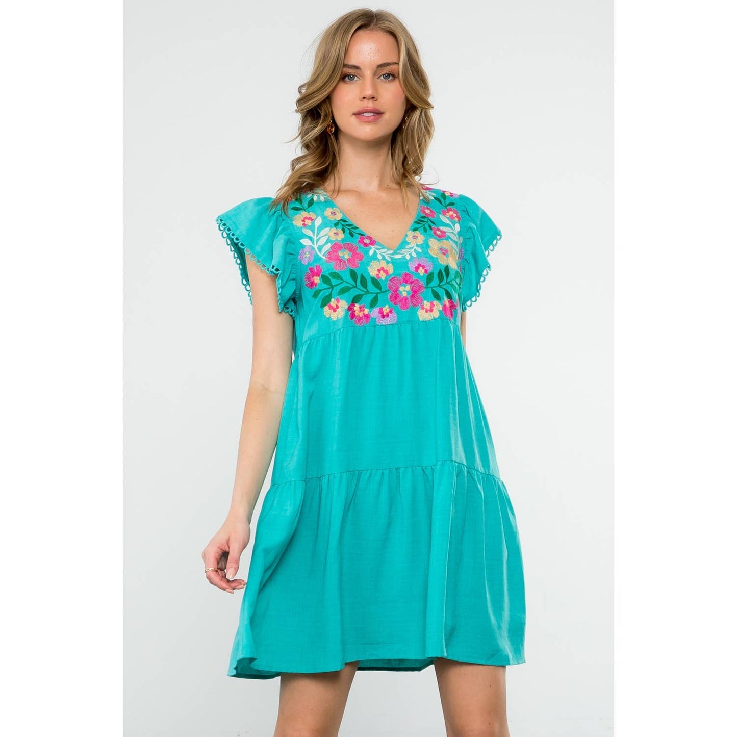 Flutter Sleeve Embroidered Floral Dress