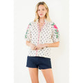 Embroidery Detail Puff Sleeve Polka Dot Top