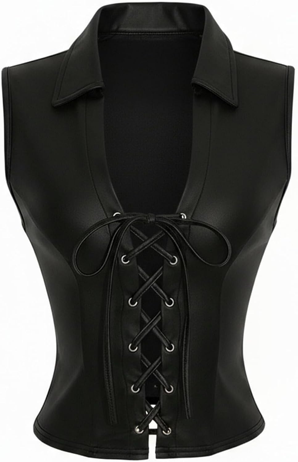 Women's PU Leather Lace Up Corset Crop Tank Top Punk Sleeveless Collared Fitted Night Out Tops