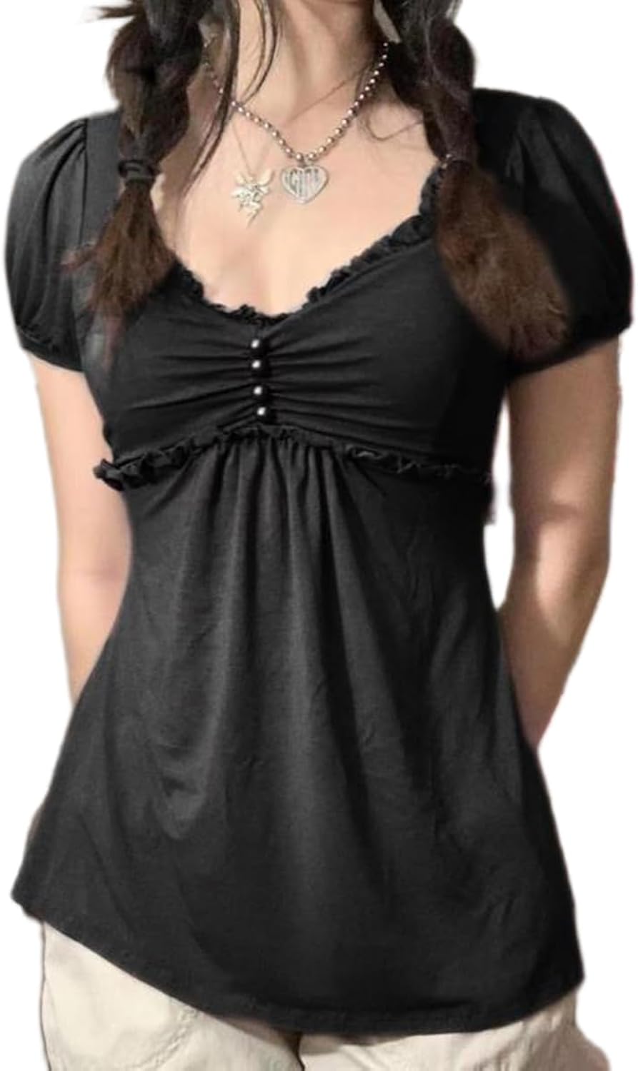 Y2K Fairy Grunge Crop Top for Women Short Sleeve Lace Patchwork T-Shirt Aesthetic Slim Fit Cute Babydoll Top Tees