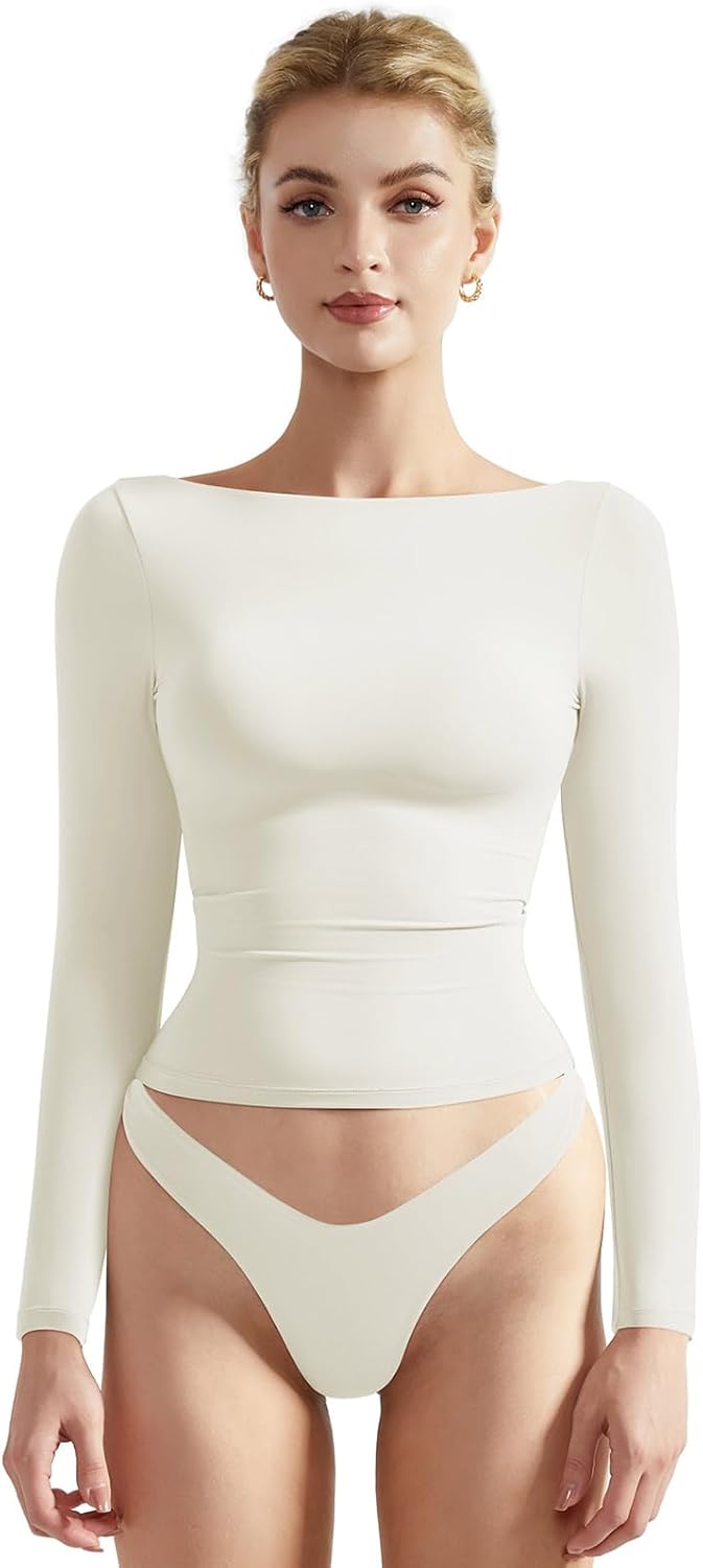 Women Crew Neck Long Sleeve T Shirts Double Lined Tight Fitted Crop Top