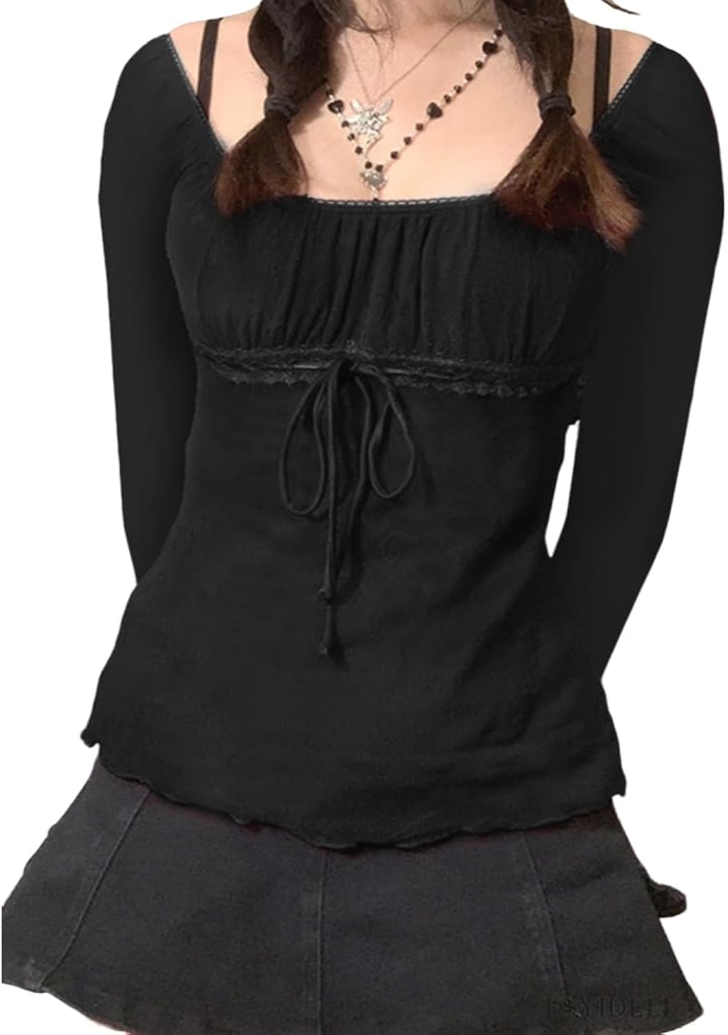 Y2K Mesh Top Women Long Sleeve Shirts Scoop Neck Ruffle Hem Babydoll Blouse Grunge Top