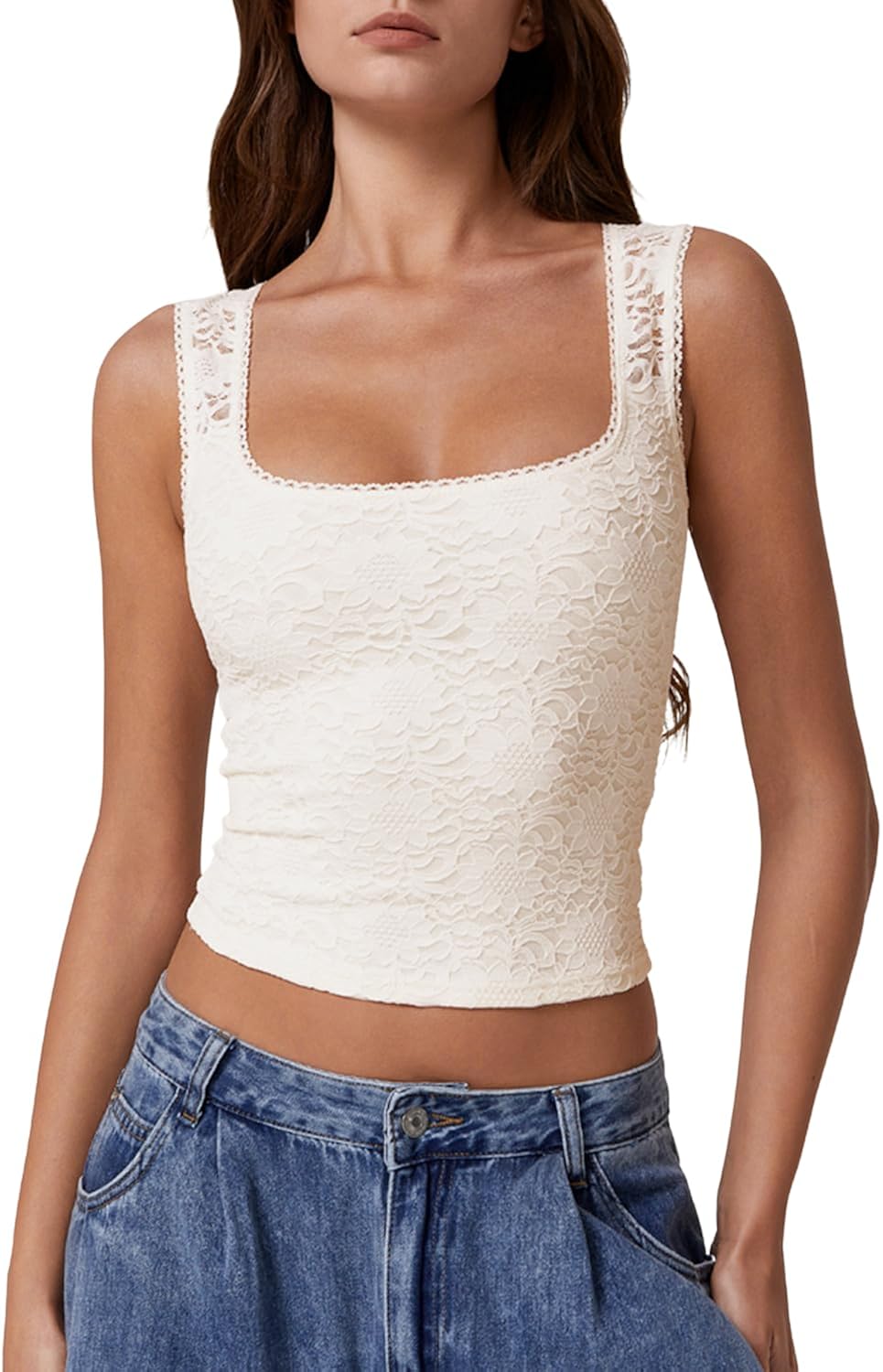 Women's Lace Trim Square Neck Sleeveless Double-Layer Tank Top