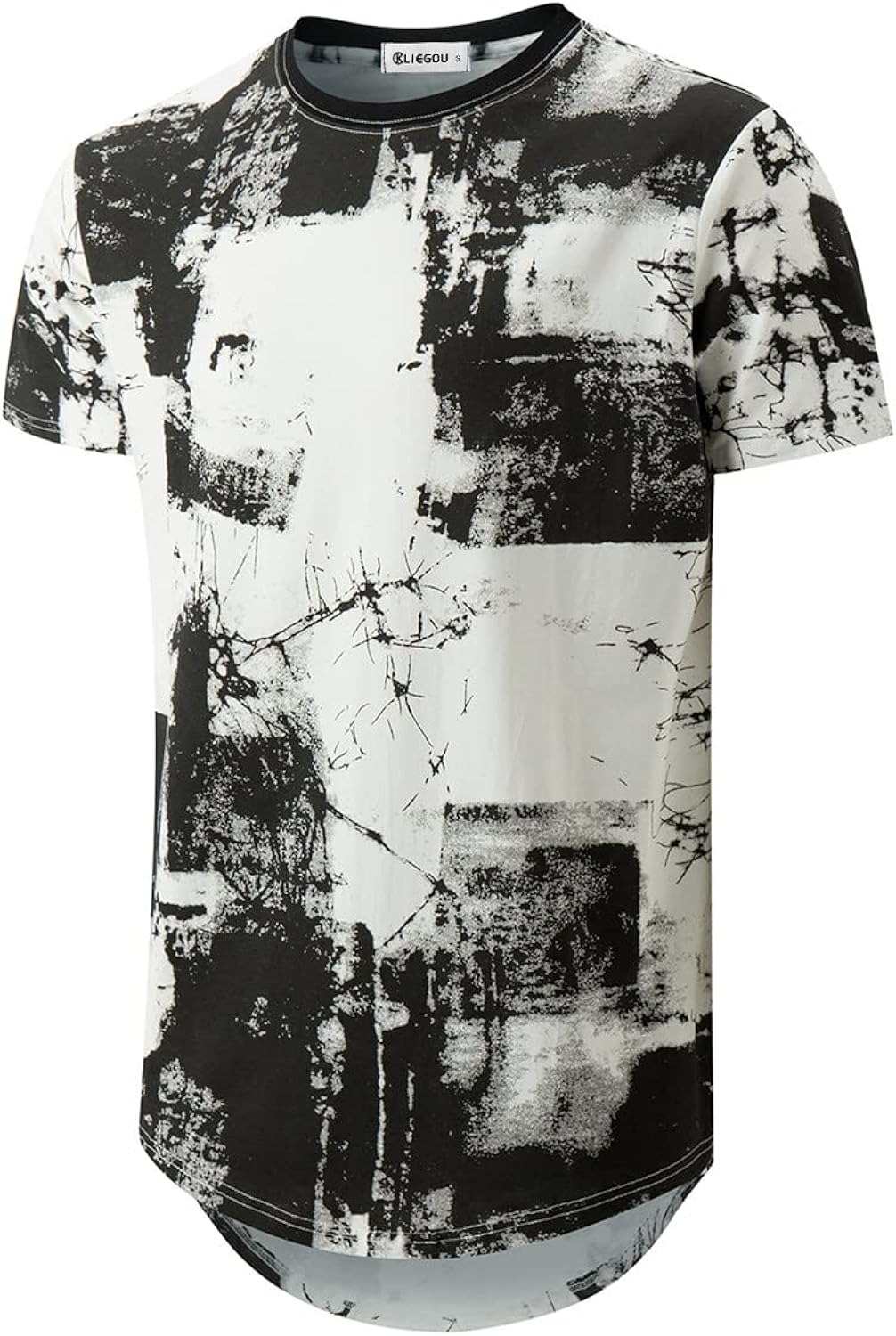 Mens Hipster Hip Hop Ripped Round Hemline Pattern Print T Shirt