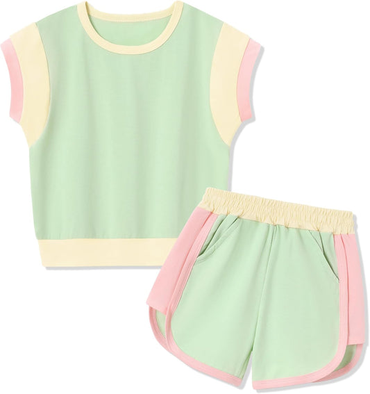 Toddler Girl Clothes Summer Toddler Girls Color Block Short Sleeve Shorts Sweatsuit Outfits 2 Piece Clothing Set