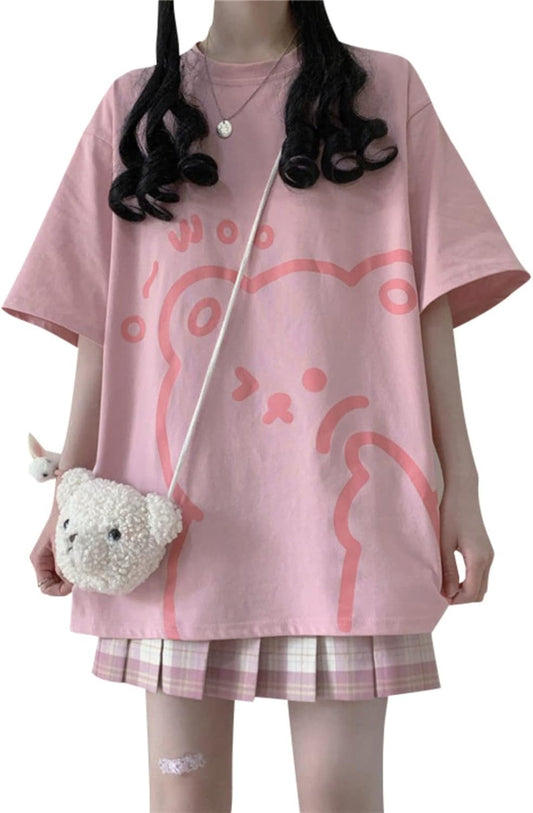 Women Kawaii Bear T-Shirt Cute Japanese Anime Graphic Tees Cartoon Korean Preppy Short Sleeve Baggy Top Oversized Clothes