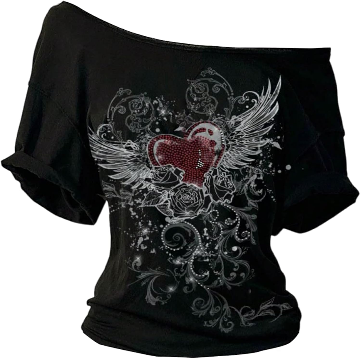 Women's Goth Graphic Tees Off The Shoulder T Shirt Short Sleeve Trendy Tops