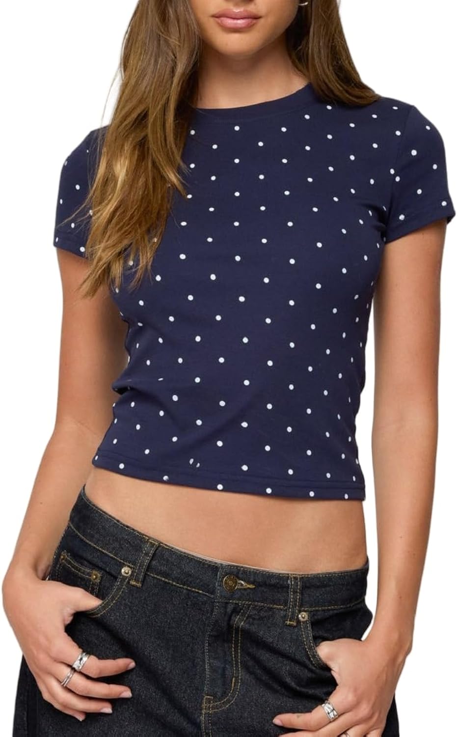 Y2k Baby Tees for Women Short Sleeve Polka Dot Shirt Tops Slim Fit Vintage Aesthetic T Shirt Girls Streetwear
