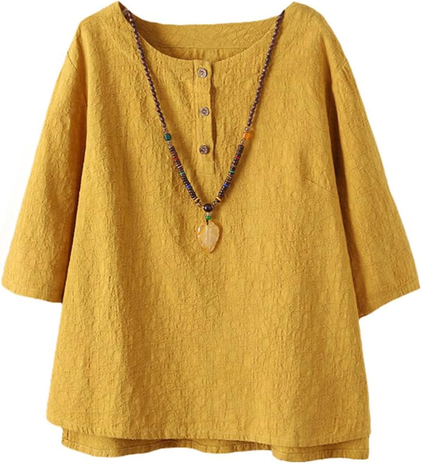 Women's 3/4 Sleeve Cotton Linen Jacquard Blouses Top T-Shirt