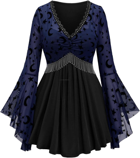 Rosegal Women Plus Size Gothic Moon Star Mesh Panel Bell Sleeves Chain Tassel T-Shirt