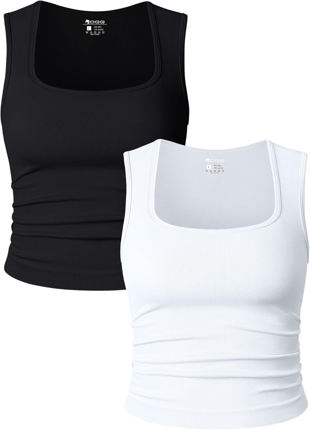 Womens 2 Piece Crop Tops Rueched Sleeveless Square Neck Stretch Basic Tank Shirts