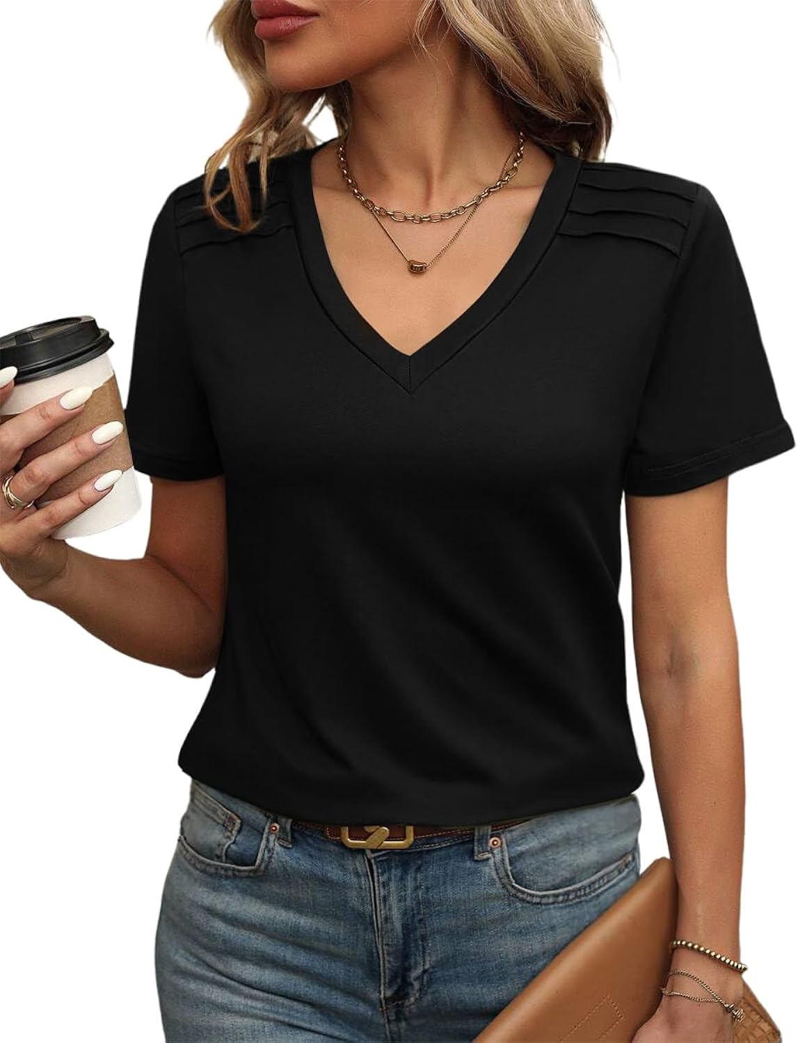 Womens Tops V Neck T Shirt Shoulder Pleated Blouse Business Clothes Fashion Outfits Spring Summer Essentials 2026