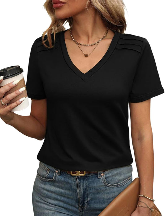 Womens Tops V Neck T Shirt Shoulder Pleated Blouse Business Clothes Fashion Outfits Spring Summer Essentials 2026