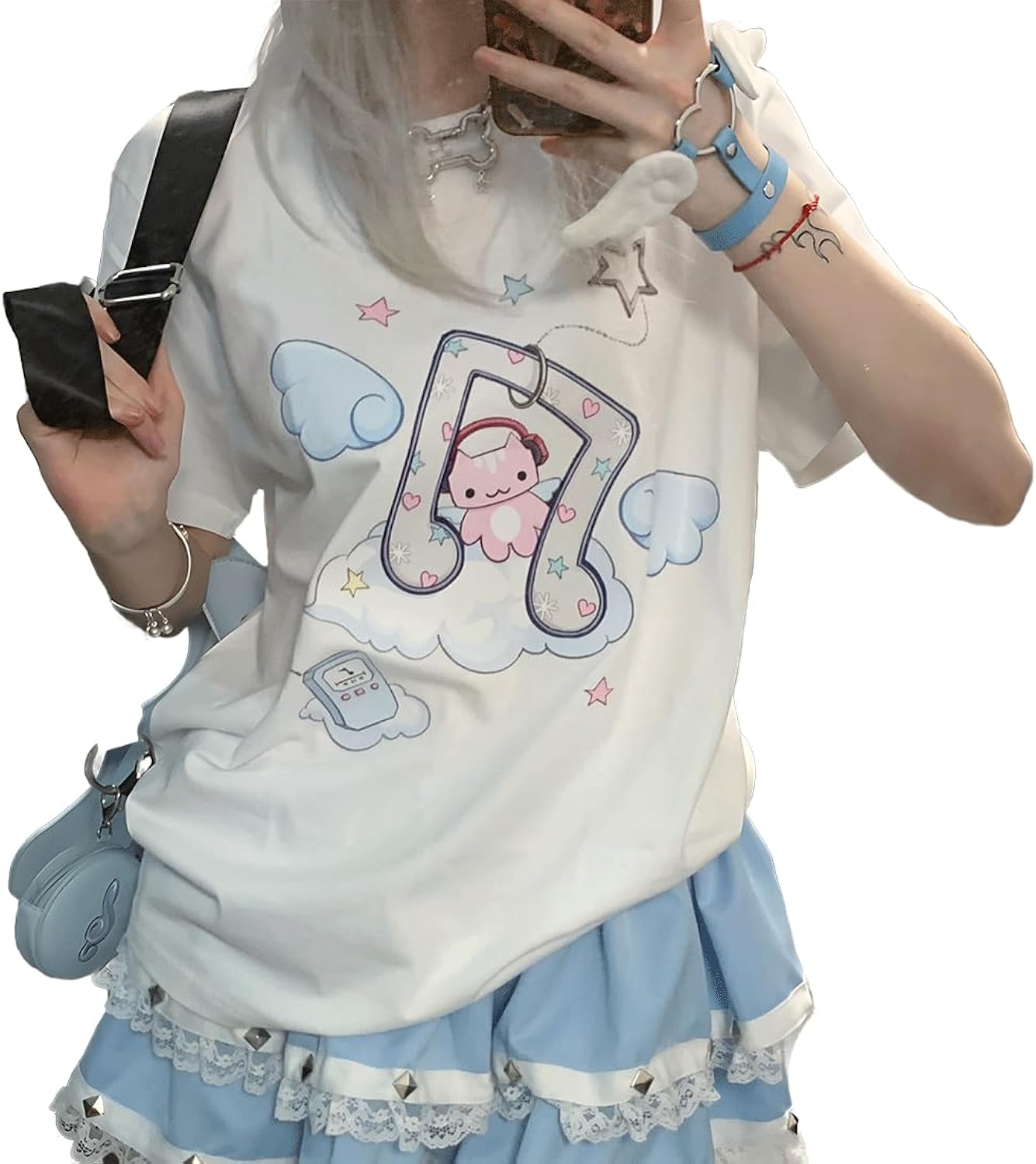 Harajuku Style Pastel Kawaii Gothic Clothes Casual Crewneck Soft Cartoon Cute Cat Music Angel Print T-Shirt