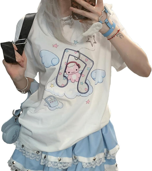 Harajuku Style Pastel Kawaii Gothic Clothes Casual Crewneck Soft Cartoon Cute Cat Music Angel Print T-Shirt