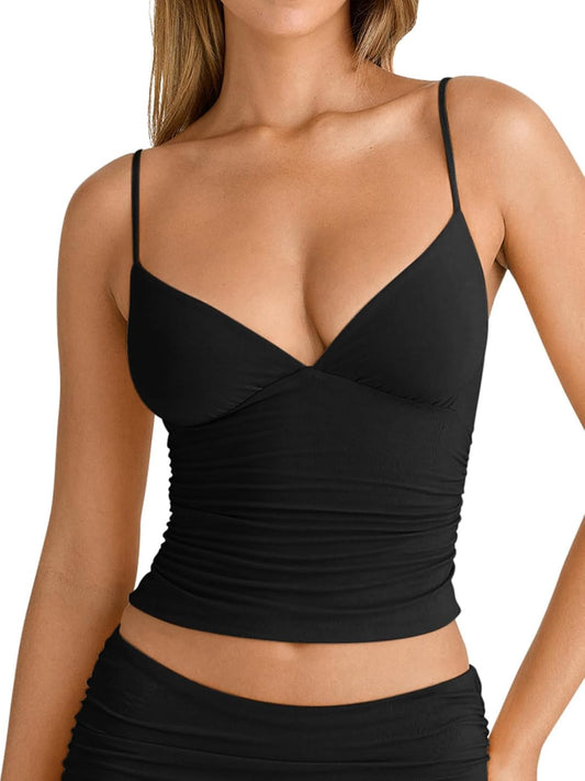 Women's Sexy V Neck Ruched Cami Top Sleeveless Spaghetti Double Layer Fitted Crop Tank Tops