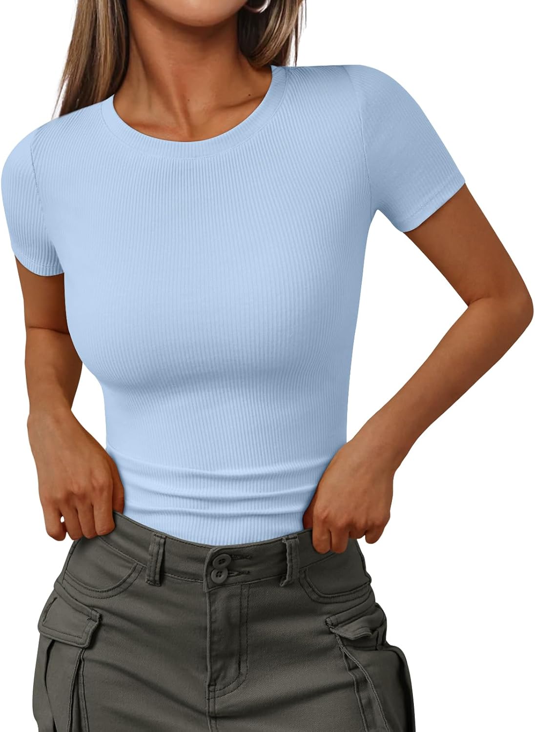Women's Crewneck Ribbed Knit Fitted T-Shirt
