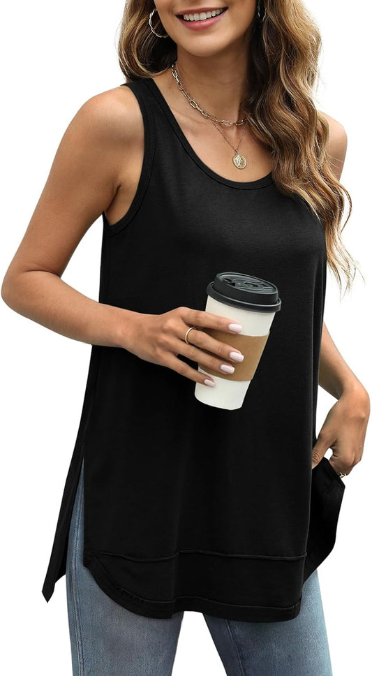 Loose Fit Tank Tops for Women Scoop Neck Summer Side Split Sleeveless Shirts 2026 Fashion