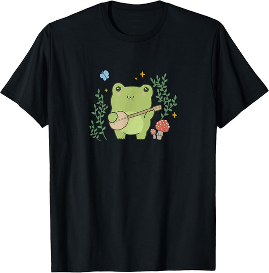 Kawaii Cottagecore Cute Frog Banjo Butterfly T-Shirt
