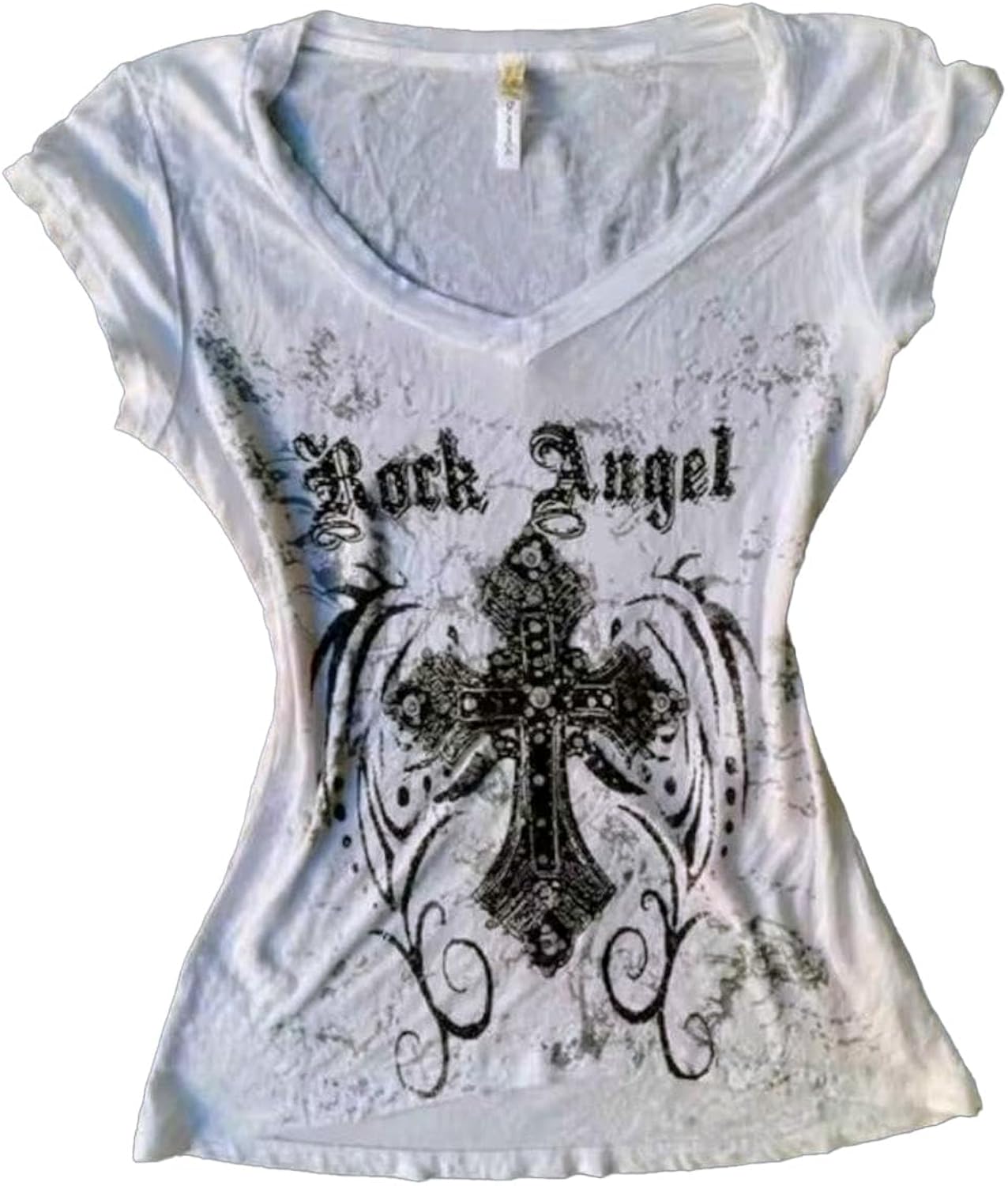 Women Y2K Gothic V-Neck T-Shirt Dark Aesthetic Graphic Slim Fit Streetwear Top Short Sleeve Punk 2000s Shirt