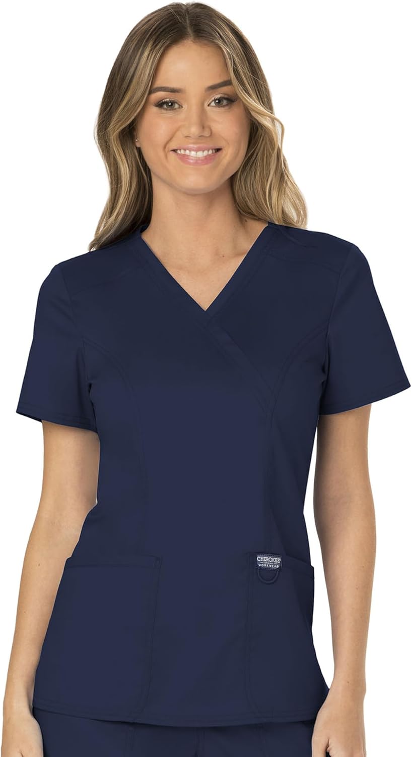Scrubs Top for Women Mock Wrap with 3 Pockets, Soft, 2-Way Stretch & Durable Fabric - WW610