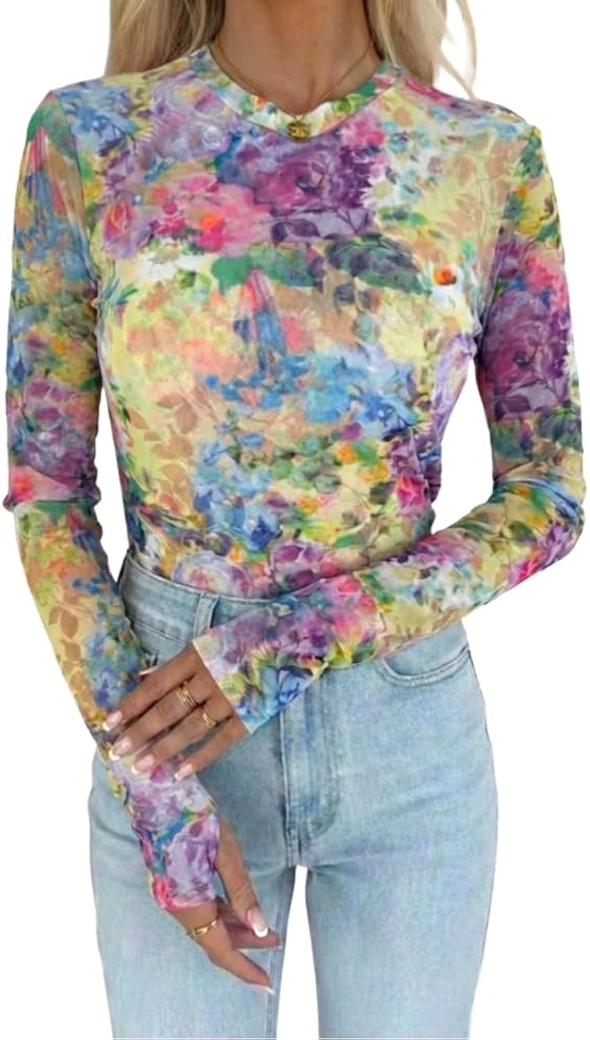 Womens Floral Mesh Long Sleeve Tops Crewneck See Through Fitted Shirts Sexy Sheer Going Out Blouses