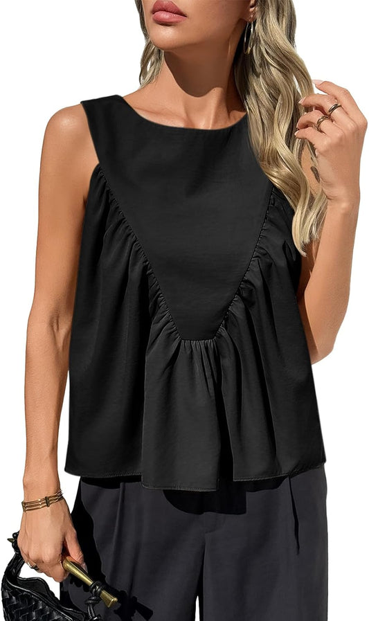 Womens Peplum Babydoll Tank Tops Summer Sleeveless Loose T Shirts Casual Shirred Flowy Tops