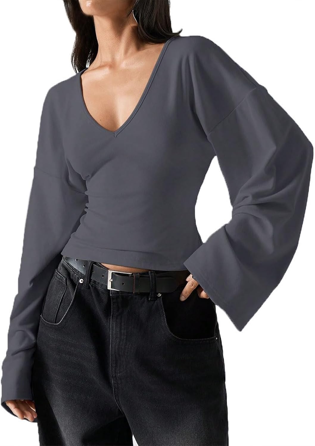 Women Sexy V Neck Cinched Waist Pullover Tee Tops Slim Fit Bell Sleeve Minimalist Ruched Going Out Blouse Shirts
