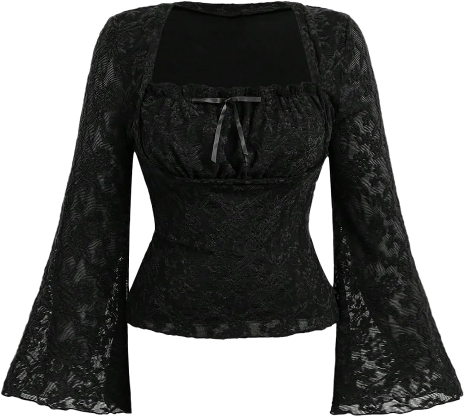 Women's Plus Size Grunge Floral Mesh Flare Sleeve T Shirt Bow Tie Square Neck Concert Tee Tops