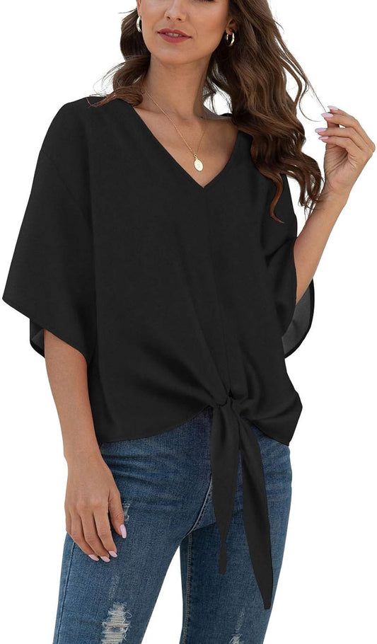 Womens Tie Front Chiffon Blouses V Neck Batwing Short Sleeve Summer Tops Shirts