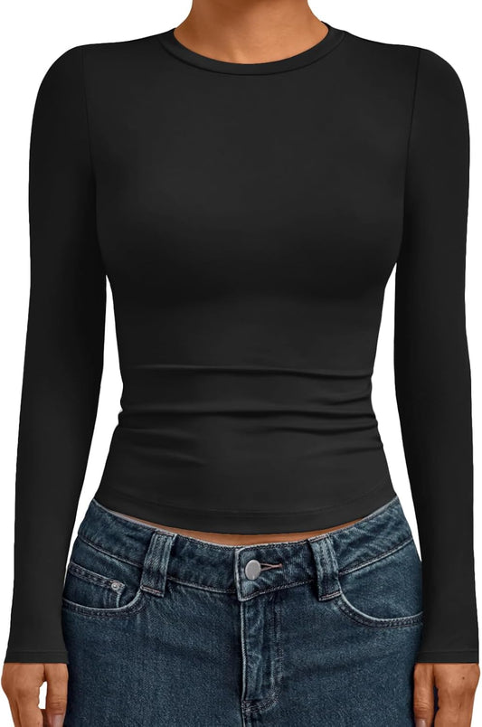 Womens Long Sleeve Shirts Basic Compression Tops Slim Fit Crew Neck Layering Underscrubs Y2K Going Out Clothes